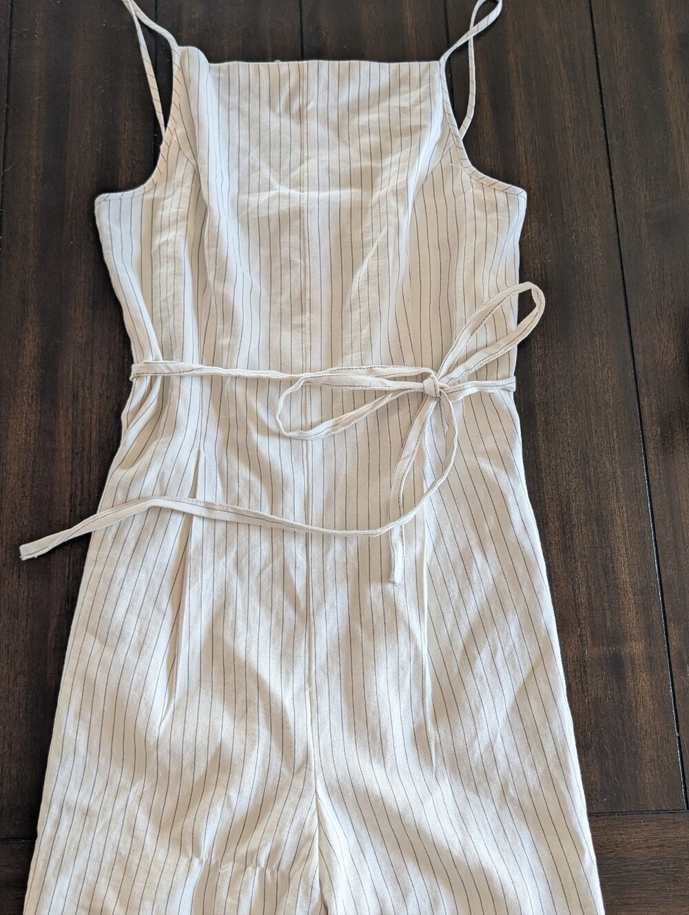 Madewell Cream Pinstripe Sleeveless Romper with Waist Tie